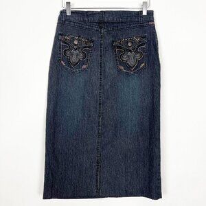 Vintage No Fuze Denim Jean Skirt Size 9/10 Black Wash Y2K Embellished Pockets